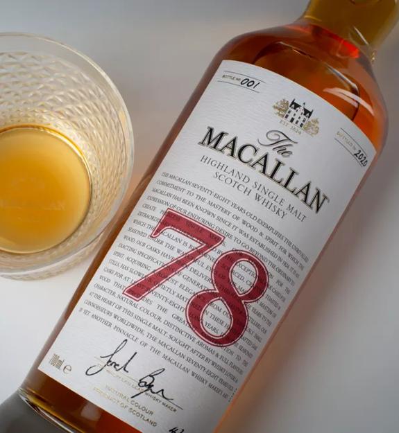 The Macallan Red Collection 78 year old whisky bottle and glass shot from above