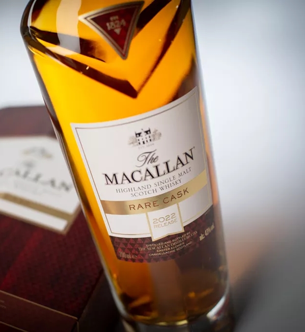The Macallan 2022 rare cask whisky bottle standing up close