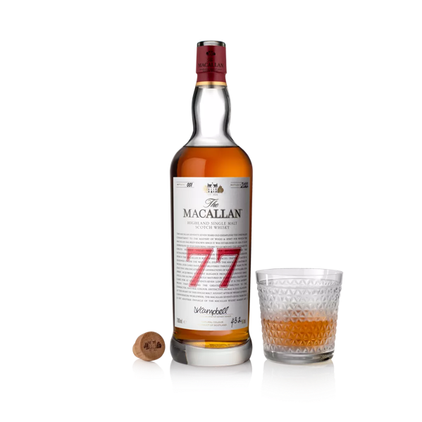 The Macallan Red Collection 77 year old whisky bottle and glass