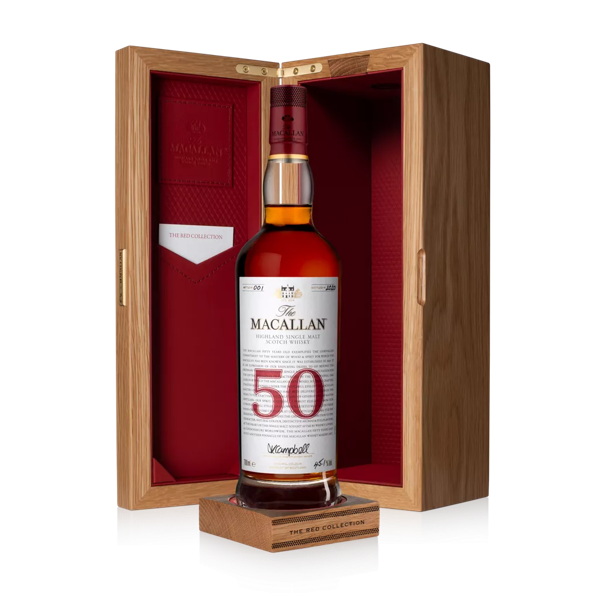 The Macallan red collection 50 year old whisky bottle in open box