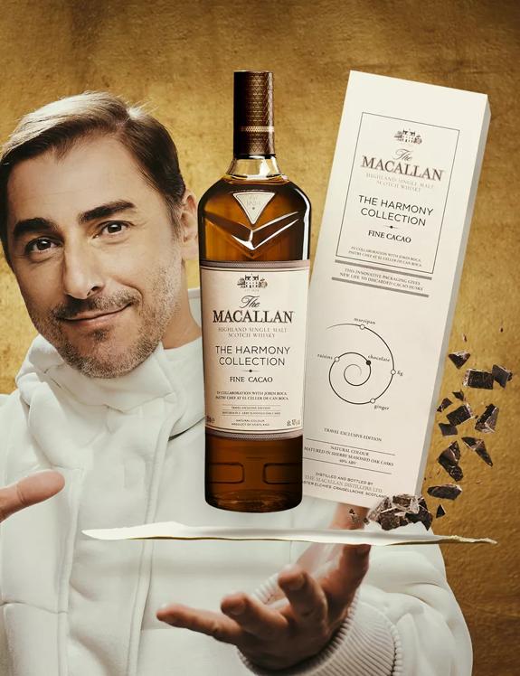 the macallan harmony collection fine cacao chef jordi presenting bottle and box