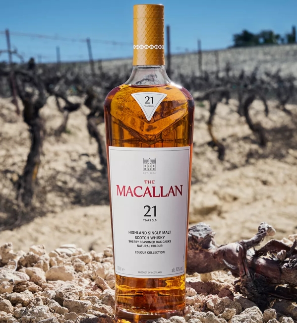 the macallan colour collection 21 year old whisky bottle in vineyard