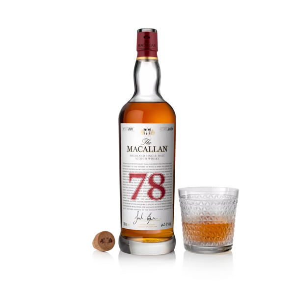 The Macallan Red Collection 78 year old whisky bottle and glass