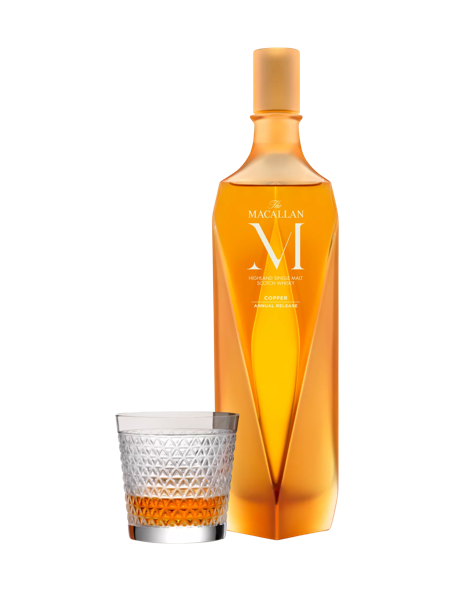 the macallan m copper whisky bottle and glass