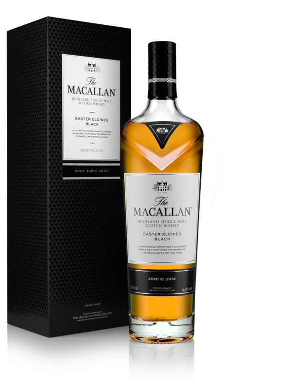 The Macallan Easter Elchies Black 2020 Bottle and pack angled