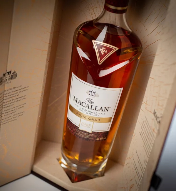 The Macallan 2022 rare cask whisky bottle close up inside box