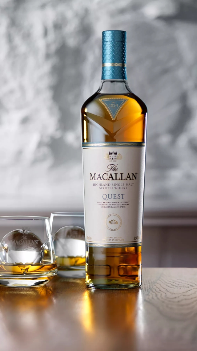 the macallan quest whisky bottles nature background