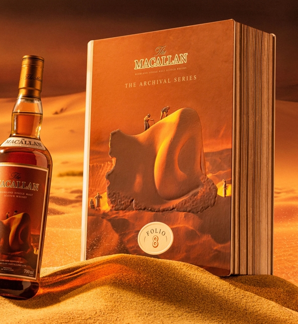 The Macallan Folio 8 bottle and pack mood shot with the nose