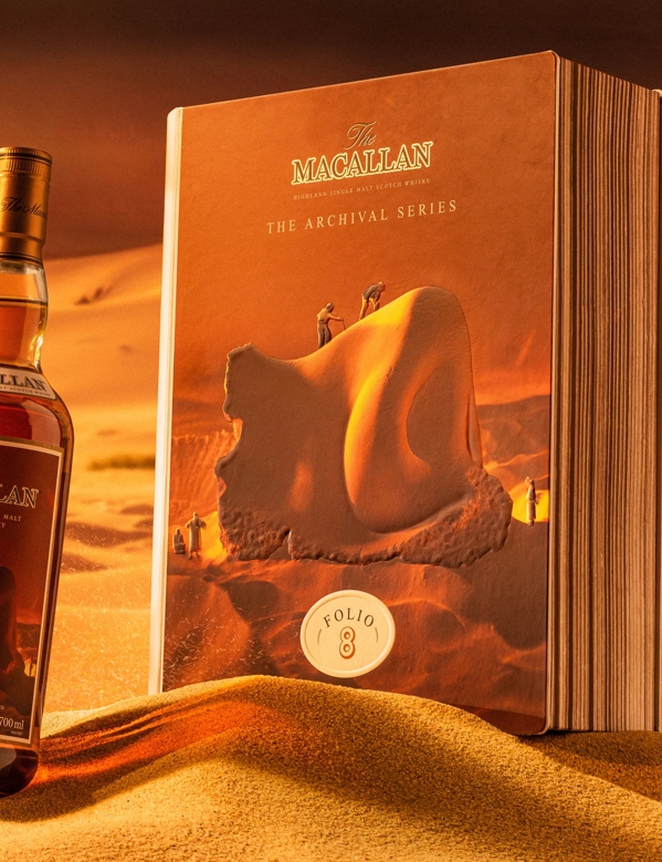 The Macallan Folio 8 bottle and pack mood shot with the nose