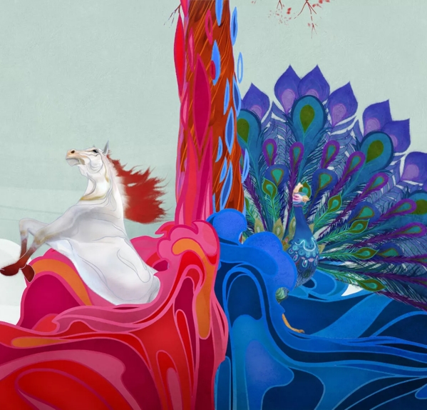horse and peacock illustration