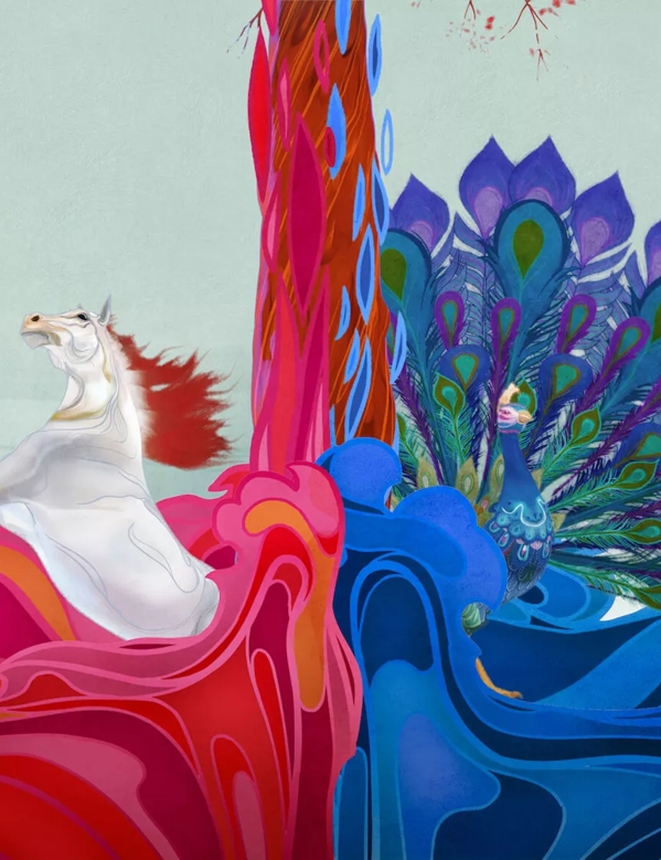 horse and peacock illustration