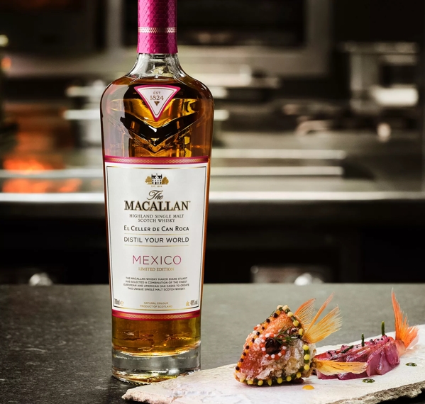 the macallan distil your world mexico whisky bottle and food