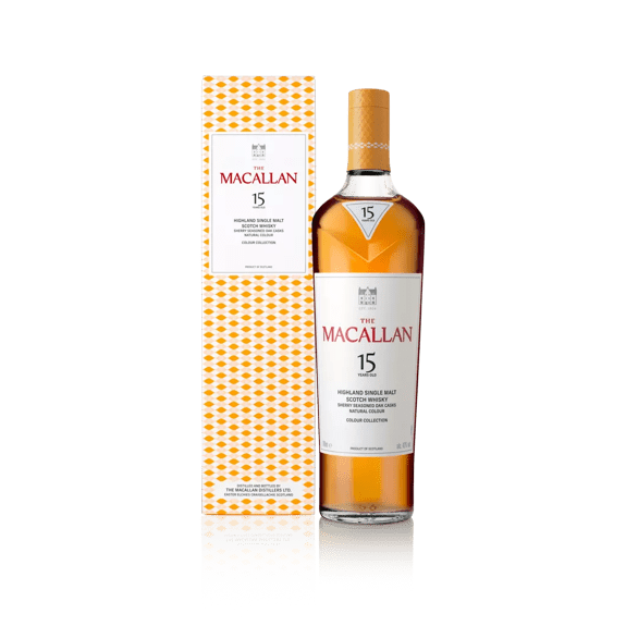 the macallan colour collection 15 years old whisky bottle and box front