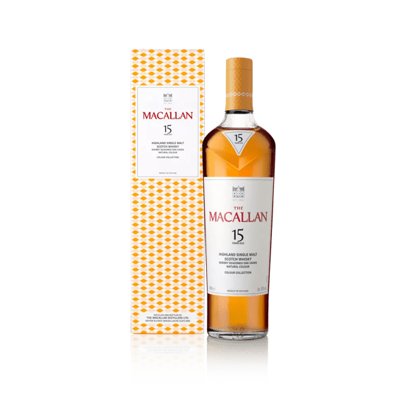 the macallan colour collection 15 years old whisky bottle and box front