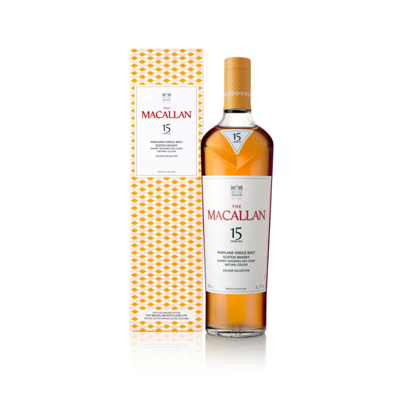 the macallan colour collection 15 years old whisky bottle and box front