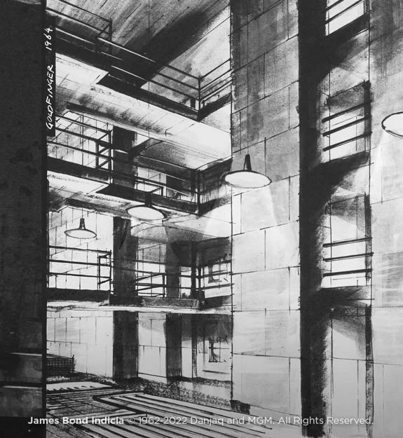 The Macallan James Bond Collection black and white illustration of building