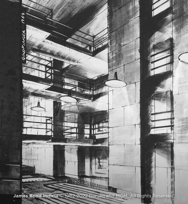 The Macallan James Bond Collection black and white illustration of building