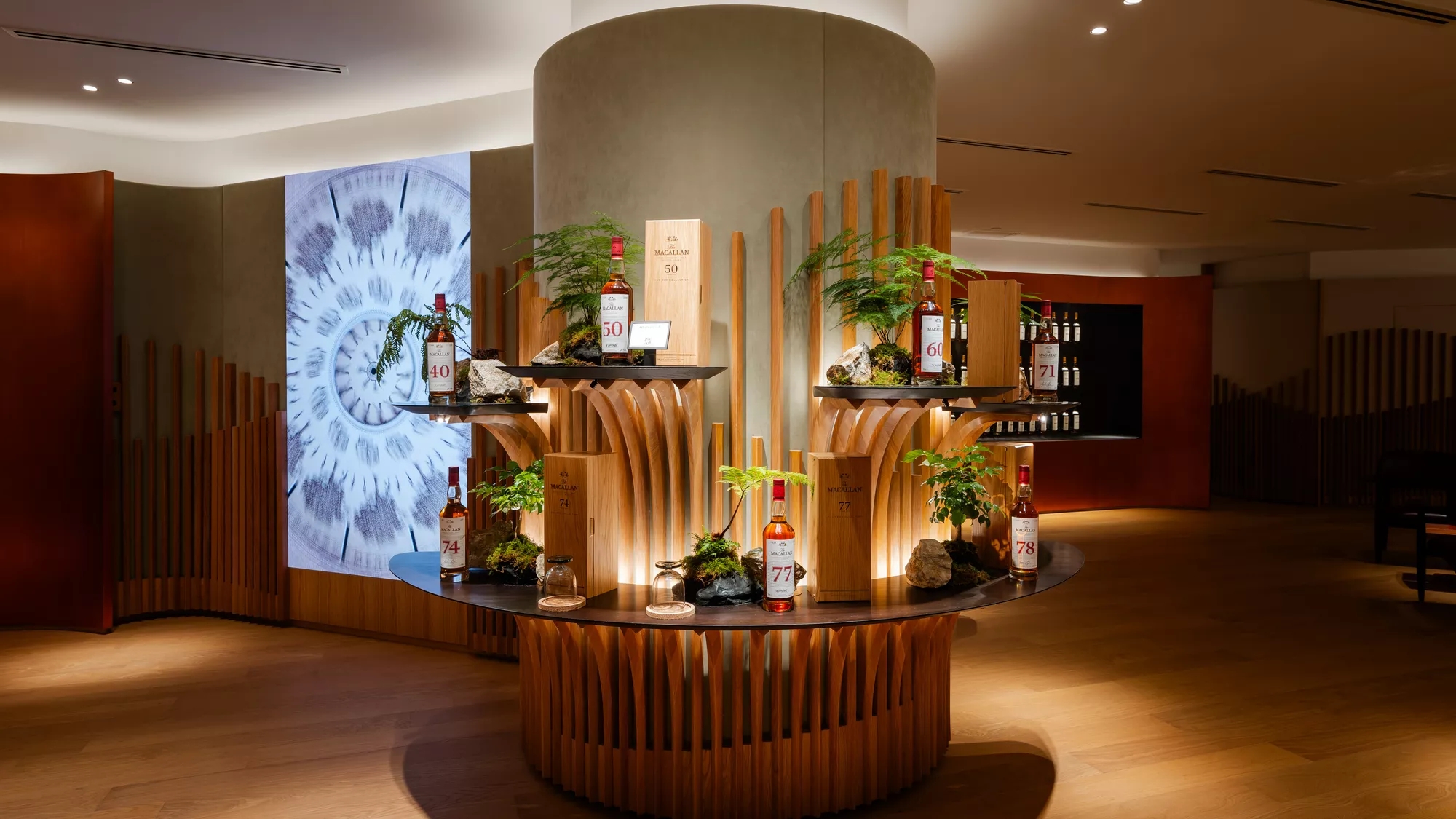 The Macallan House Hong Kong Wall feature with bottles displayed