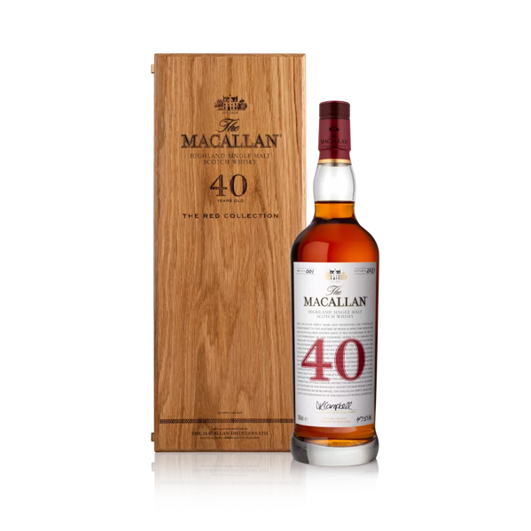the macallan 40 red collection whisky bottle and box