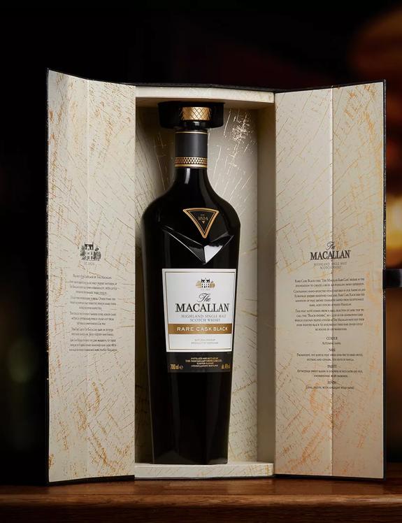 The Macallan Rare Cask Black whisky bottle inside open box