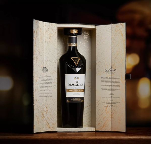 The Macallan Rare Cask Black whisky bottle inside open box