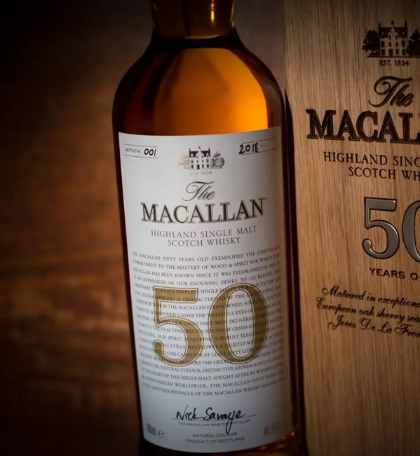 the macallan 50 years old 2018 release whisky bottle and box close up