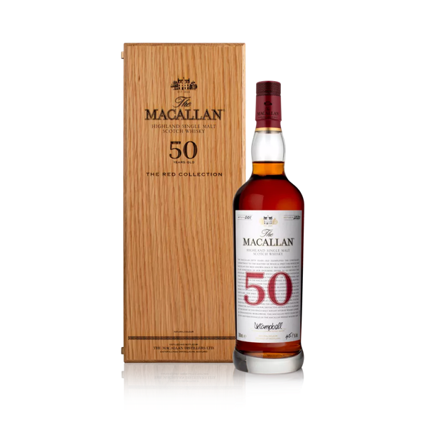 The Macallan red collection 50 year old whisky bottle and closed box