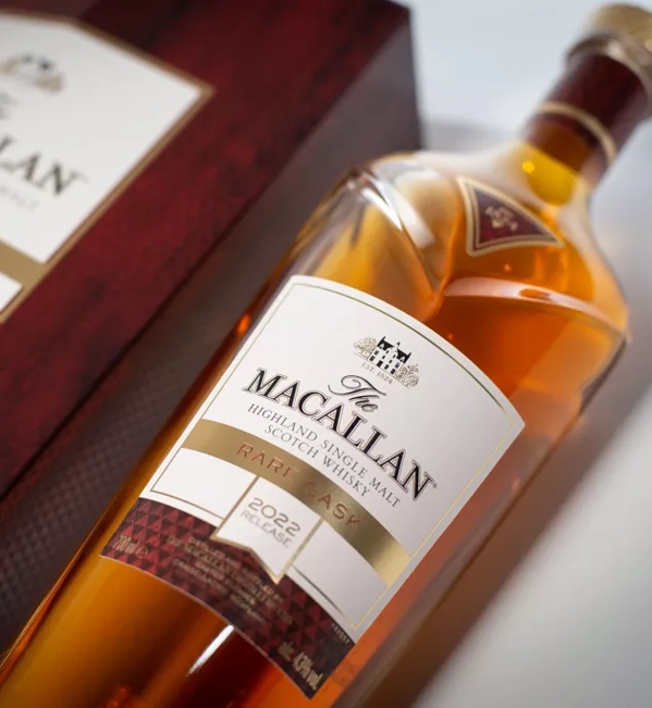 The Macallan 2022 rare cask whisky bottle and box close up of label