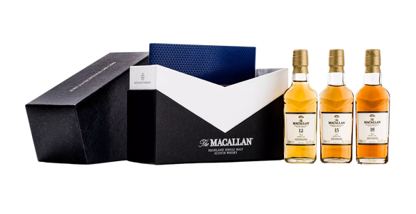 the macallan whisky double cask tasting experience set open box and mini bottles
