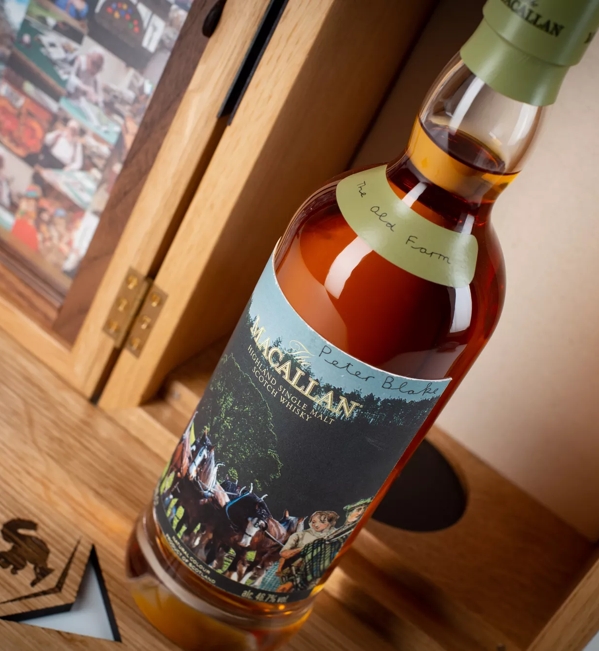 The Macallan Anecdotes of Ages Collection: The Old Farm Bottle out Box Mood Shot Angled