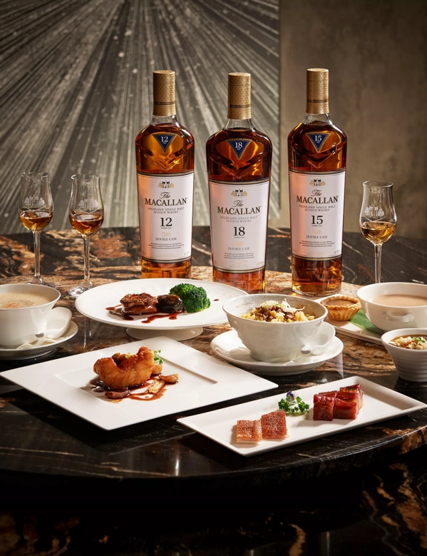 the macallan double cask whisky bottles and food pairing in bar
