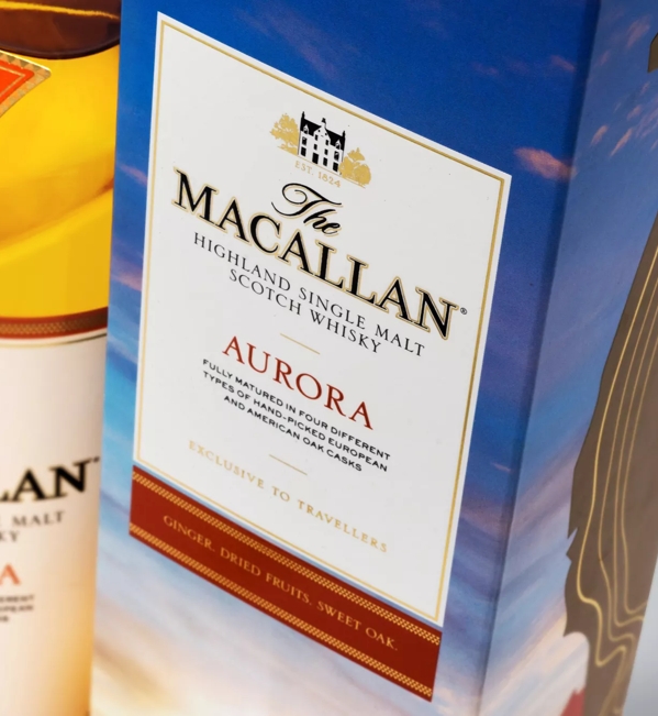 The Macallan Quest Collection Aurora Mood shot bottle and pack