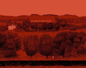 The Macallan Red Collection illustration man walking with bag on red estate 