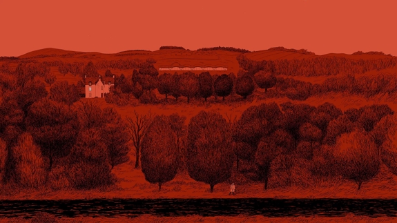 The Macallan Red Collection illustration man walking with bag on red estate 