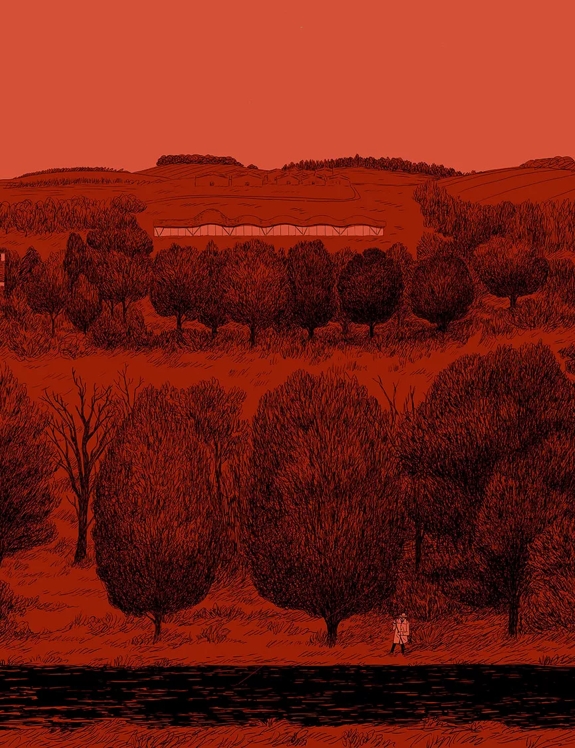 The Macallan Red Collection illustration man walking with bag on red estate 
