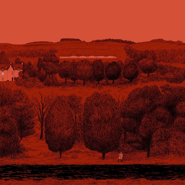 The Macallan Red Collection illustration man walking with bag on red estate 