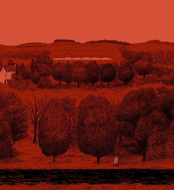 The Macallan Red Collection illustration man walking with bag on red estate 