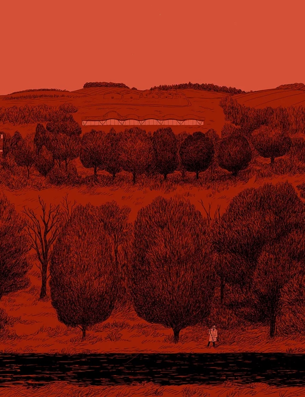 The Macallan Red Collection illustration man walking with bag on red estate 