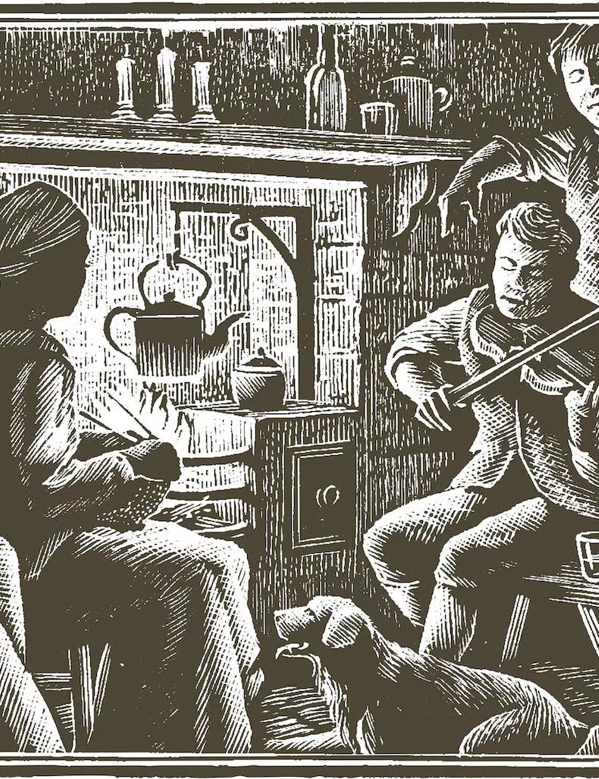 Tales of The Macallan etchings of people around a fire playing guitar 