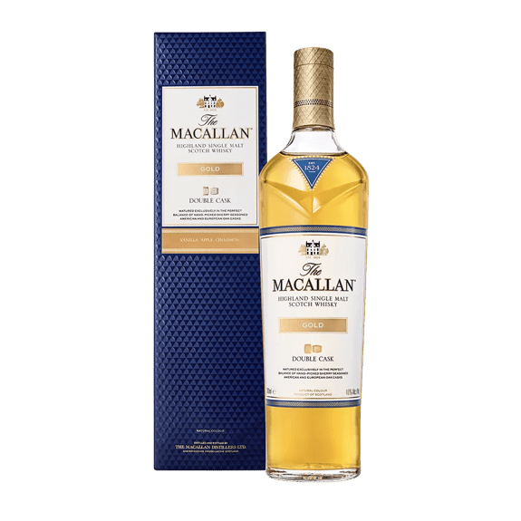 the macallan double cask gold whisky bottle and pack