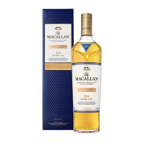 the macallan double cask gold whisky bottle and pack