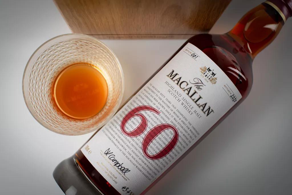 The Macallan 60 year old whisky bottle and glass shot from above