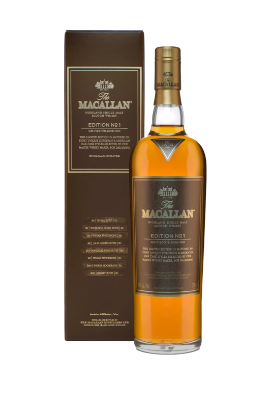the macallan edition 1 whisky bottle and pack