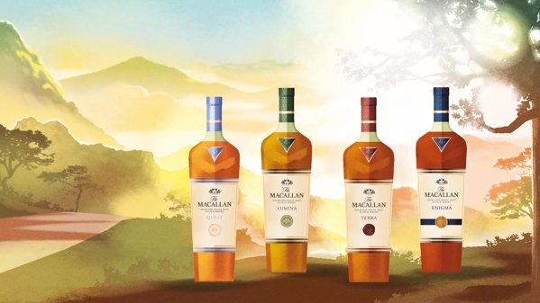 the macallan quest whisky bottles nature background