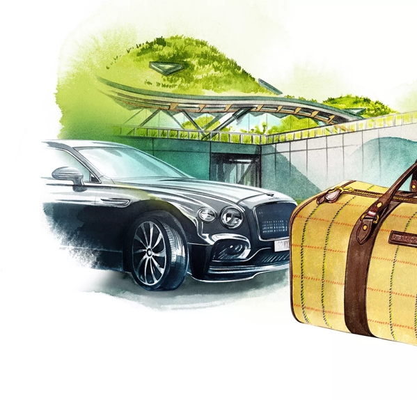Illustration of The Macallan Lifestyle Collection Weekend Bag with Bentley and Distillery