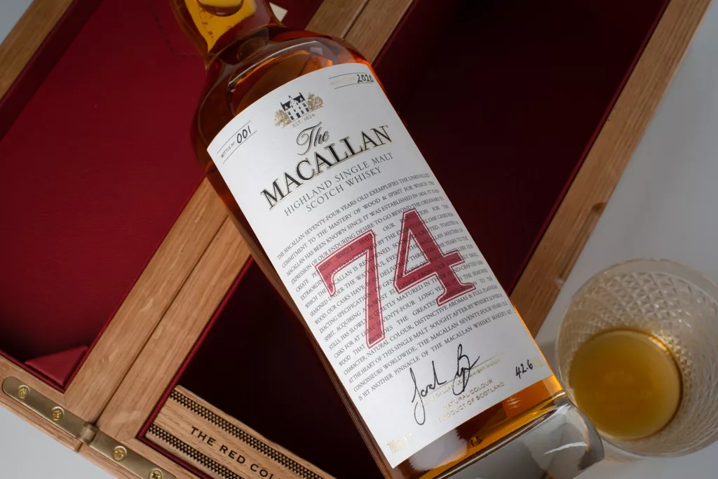 The Macallan Red Collection 74 year old whisky bottle angled shot