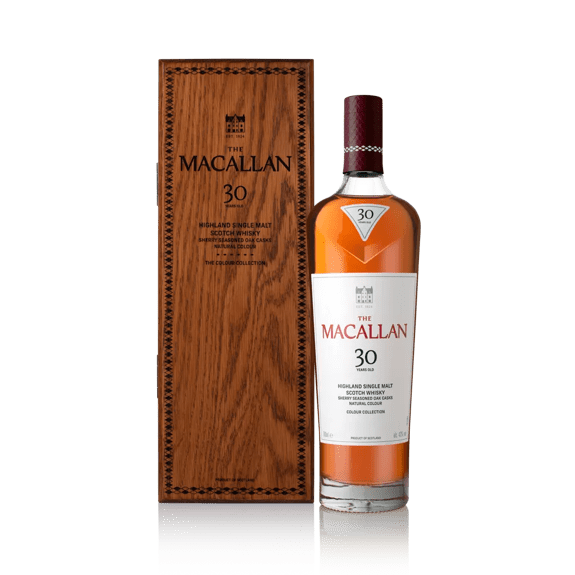 the macallan colour collection 30 years old whisky bottle and box front