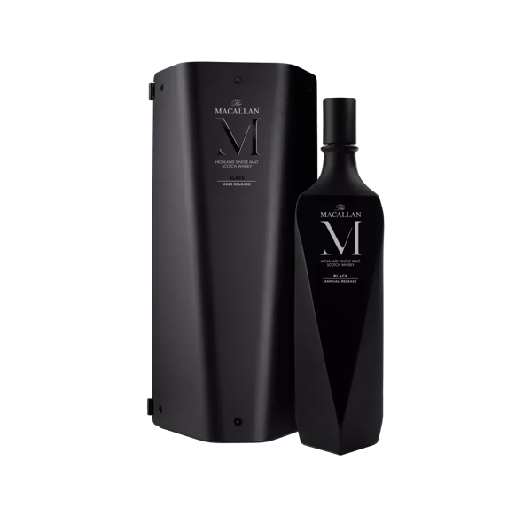 the macallan m black whisky bottle and box