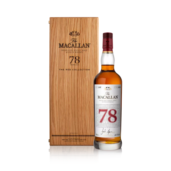The Macallan Red Collection 78 year old whisky bottle and closed box