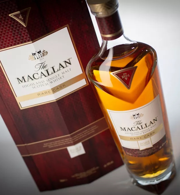 The Macallan 2022 rare cask whisky bottle and box standing up angled
